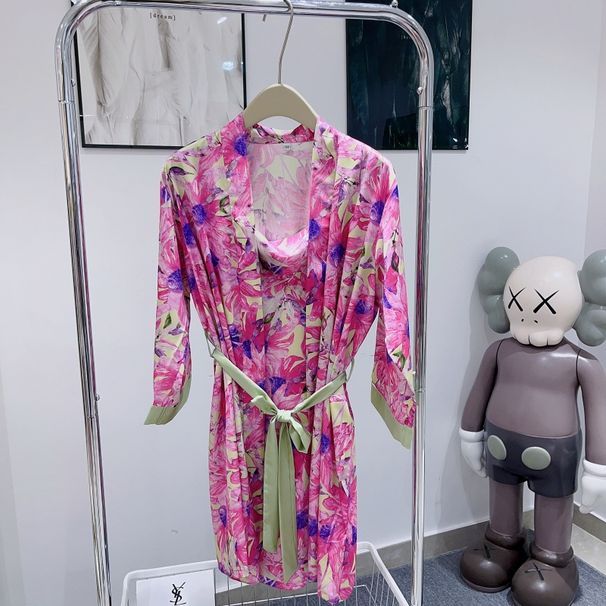 Nightgown for women ice silk thin short-sleeved large size printed contrasting color splicing popular home wear two-piece sleeping set_voghion.com