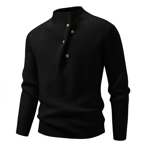 Herren Slim-Fit Pullover mit Stehkragen – Strickpullover mit Knopfdetail (Weiß/Grau/Schwarz/Burgunderrot, M-4XL, Winterwarm)_voghion.com