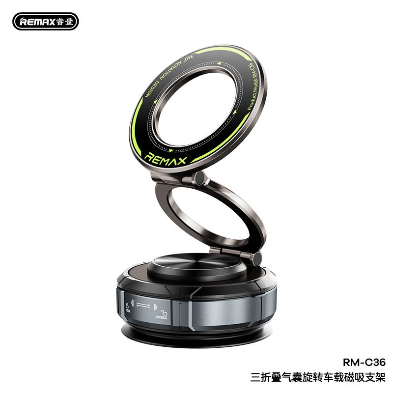 REMAX Magnetic 3-Fold Air Vent Car Phone Holder, 360° Rotating Luxury Matte Black Stand, Low-Profile Stealth Design For Dashboard Windshield, Compact_voghion.com
