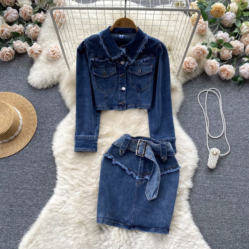 Women's spring retro hot girl design sense raw edge short denim suit female lapel jacket hip skirt two pieces_voghion.com