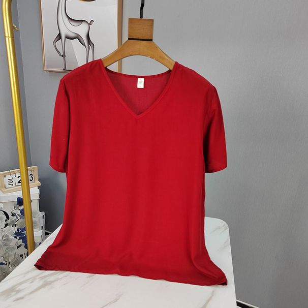 Maglietta a maniche corte in seta tinta unita, ampia e comoda, con scollo a V, pigiama in cotone artificiale, indossabile da donna_voghion.com