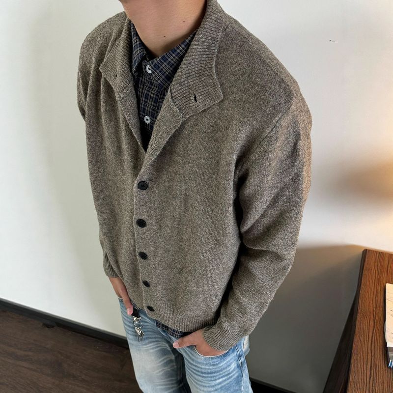 ​​Retro Knit Cardigan – Semi-Turtle Neck, 590g Wool-Blend, Oversized Fit (M-XXL, Dark Khaki/Ash Grey, Polyester Blend)​_voghion.com
