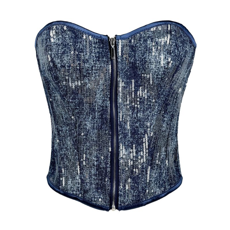Damenbekleidung Neue blaue Reißverschlussriemen silberne Pailletten Damen Denim Tube Top Body Shaper Taillendichtung Taille_voghion.com