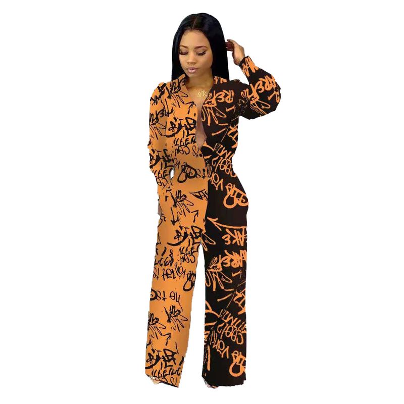 Women's graffiti letter-print patchwork cardigan jumpsuit_voghion.com