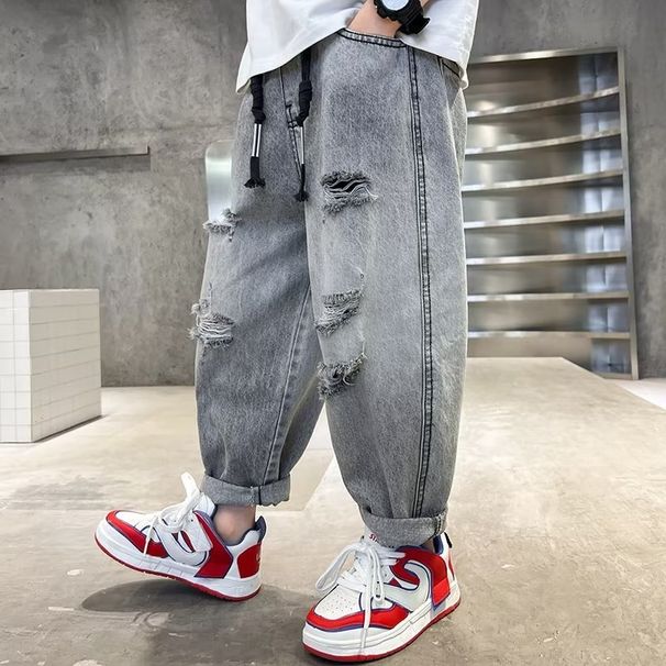 Mother & Kids Jongens jeans lente en herfst 2023 nieuwe kinder herfstkleding broek knappe jongen Koreaanse stijl straat gescheurde broek_voghion.com