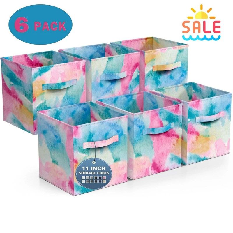 Fabric Storage Cubes - 6 Foldable Tie Dye Storage Bins For Organizing Cubbies, Toy Box - Clothes Storage & Closet Organizer - 11 Inch Collapsible Cube Baskets_voghion.com
