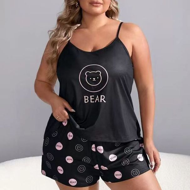 Plus Size Women's Casual Pajama Set - Anime Print Sleeveless Tank Top & Shorts - Soft Milk Silk Fabric - High Elasticity_voghion.com