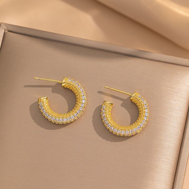 Orecchini retrò francesi in acciaio al titanio a forma di C, pieni di diamanti, design di nicchia, orecchini versatili semplici, alla moda e di alta qualità_voghion.com