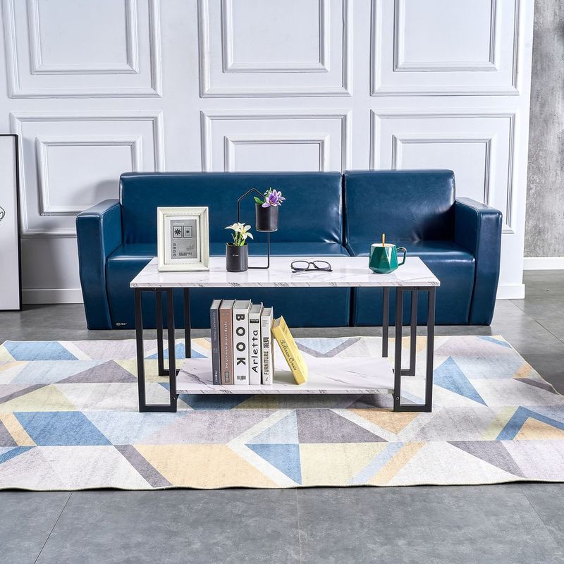 D&amp;N Coffee Table, 2 Layers 1.5cm Thick Marble MDF Rectangle 39.37' L Tabletop Iron Coffee Table , Dining Room, Coffee Shop, Resterant, White Top_voghion.com