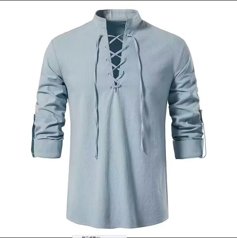 Camicia Henry da uomo a maniche lunghe in cotone e lino, casual da spiaggia, con colletto alto, tinta unita, due pezzi_voghion.com