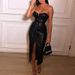 Abito da donna con rivetti in tinta unita in PU con fessura attillata sexy senza spalline_voghion.com