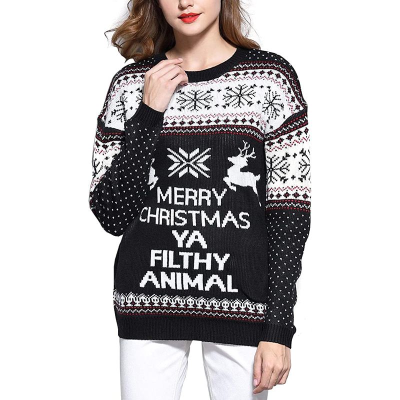 Damenpullover, Cartoon-Jacquard, lockerer Rundhalspullover, Weihnachtspullover_voghion.com