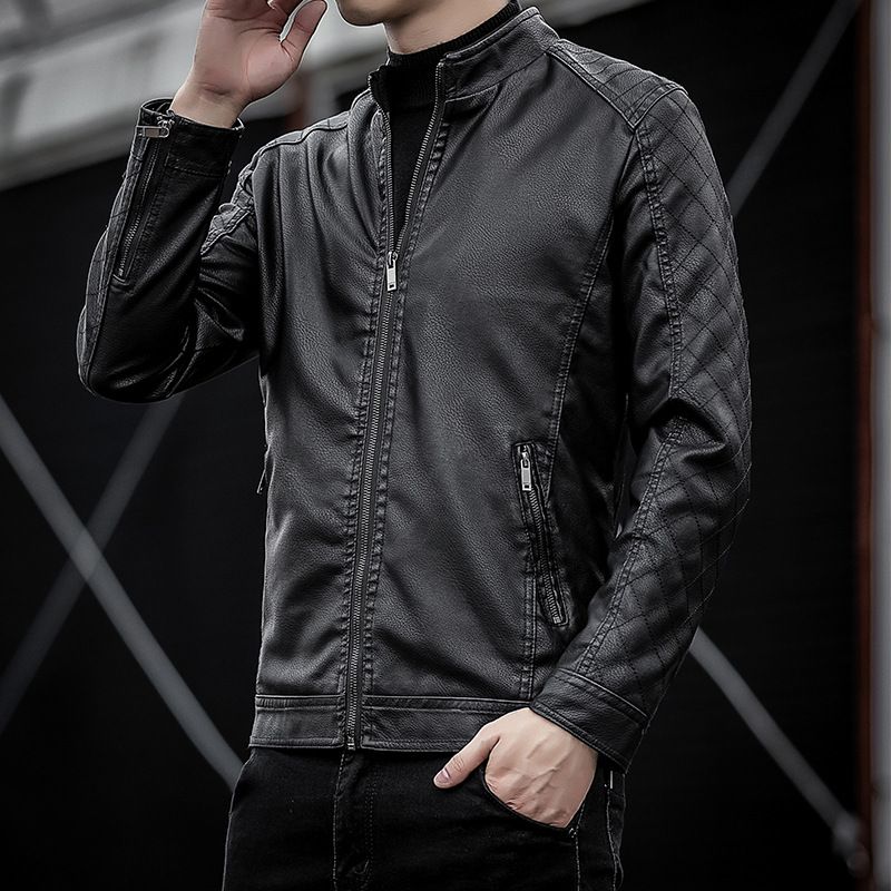 Herrenbekleidung PU-Lederjacke Dünne Samt-Freizeitjacke Vertikaler Kragen Slim-Fit-Lederjacke Trendy Jugend-Bikeranzug_voghion.com