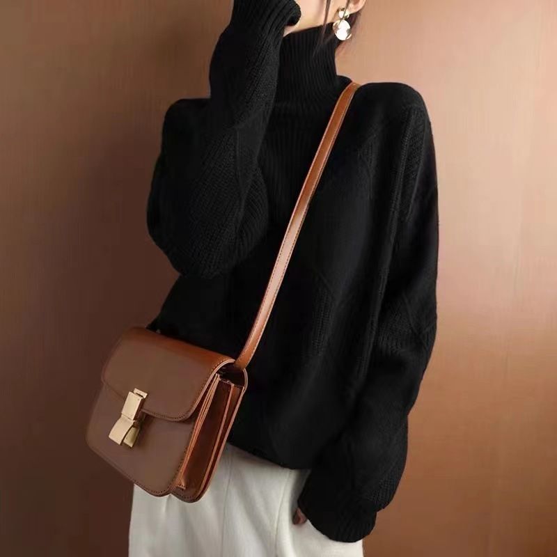 Women's turtleneck pullover rhombus sweater versatile solid color loose lazy bottoming shirt pullover_voghion.com