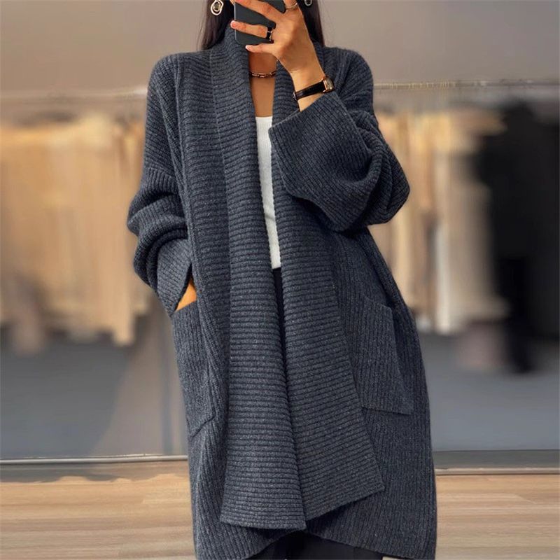women's clothing women's thickened mid-length solid color knitted cardigan loose pocket sweater jacket_voghion.com