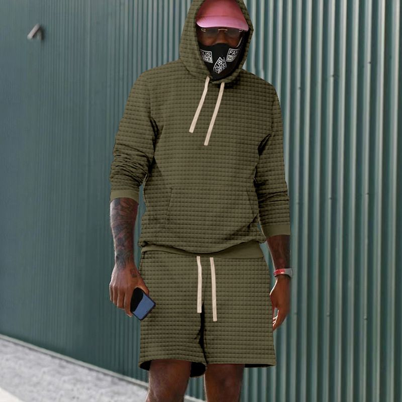 Lockerer, einfarbiger Anzug mit Kapuze für Herren, lockerer, sportlicher, lässiger Anzug mit karierten Langarm-Shorts_voghion.com