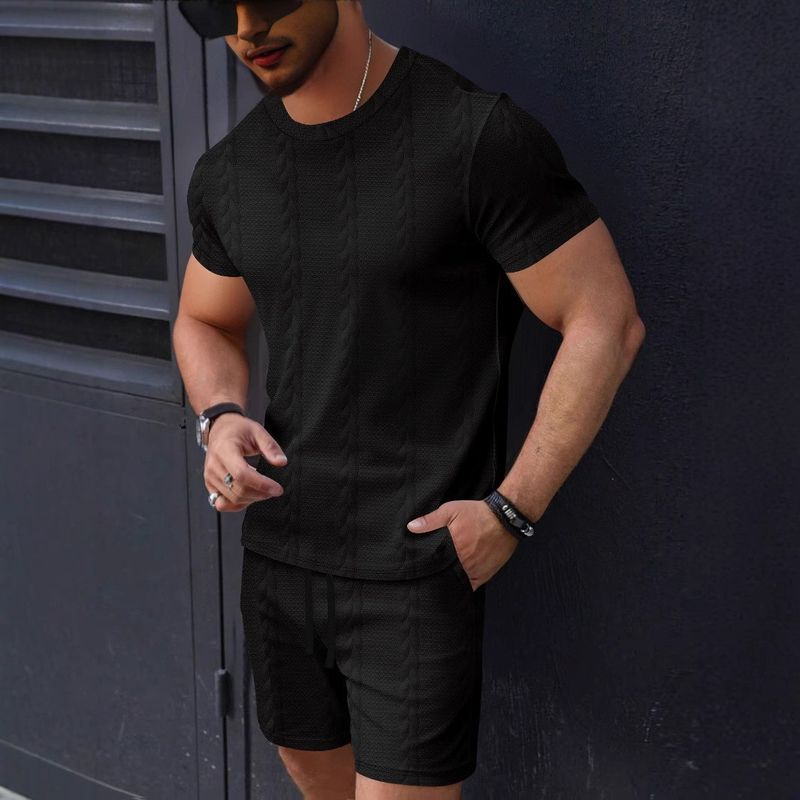 Men's Clothing Solid Color Jacquard Leisure Round Neck Pullover Short Sleeved Shorts_voghion.com