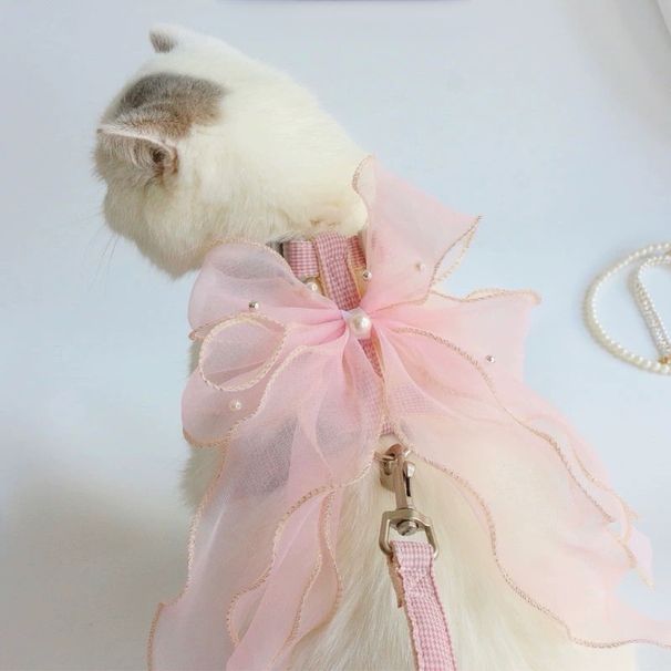 Conjunto de arnês de peito para cães e gatos pequenos anti-fuga com laço grande de fada feito à mão_voghion.com