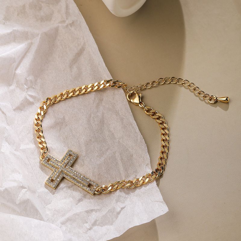 Bracciale Aogu di lusso in rame placcato oro con croce in zircone cubano per donna, stile hip-hop_voghion.com