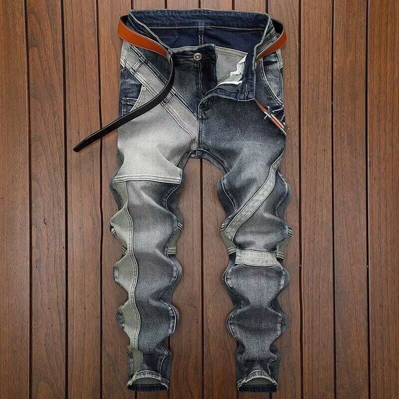 Teenage Clothing Fashionable retro stitching men's trendy jeans versatile slim stretch youth motorcycle fashion style skinny pants_voghion.com