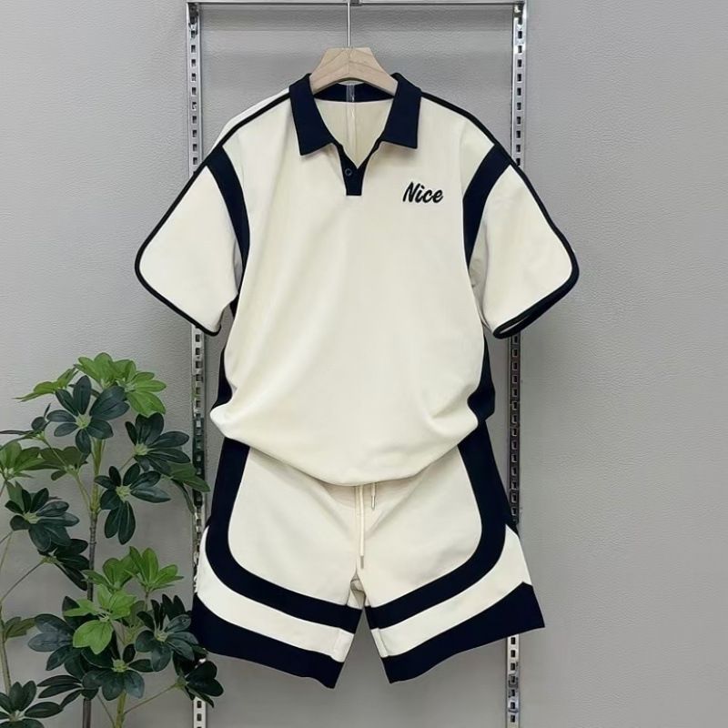 Herrenbekleidung, stilvolles, lässiges 2-teiliges Set aus Shorts und T-Shirt – trendiges Farbblock- und Stickdesign – atmungsaktives Polyester – S/M/L/XL/2XL/3XL/4XL_voghion.com