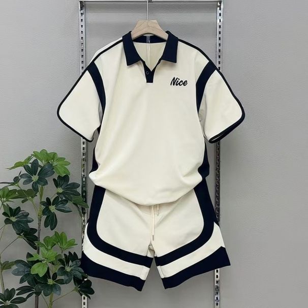 Herrenbekleidung, stilvolles, lässiges 2-teiliges Set aus Shorts und T-Shirt – trendiges Farbblock- und Stickdesign – atmungsaktives Polyester – S/M/L/XL/2XL/3XL/4XL_voghion.com