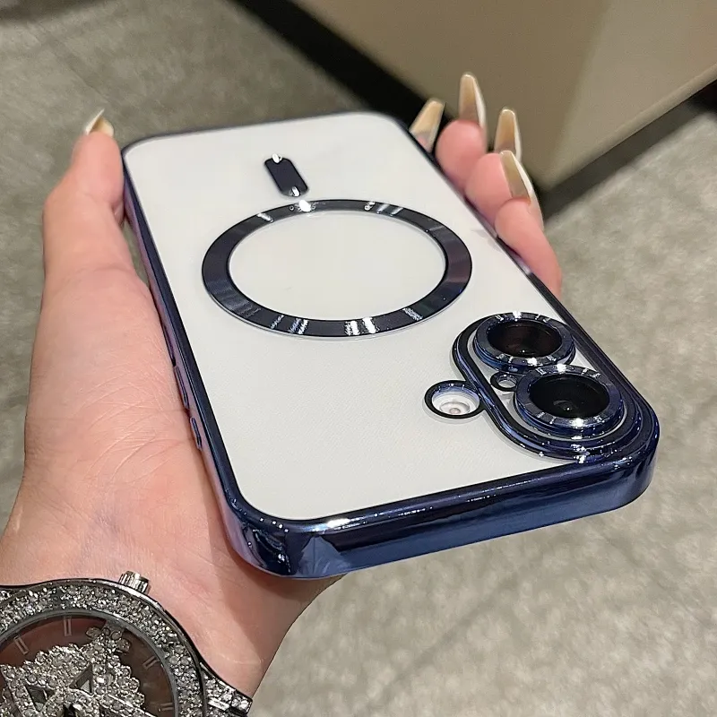 Luxury Plating Frame Clear Phone Case For IPhone 16 15 14 Pro Max Plus For Magnetic Wireless Charging Shockproof Cover_voghion.com