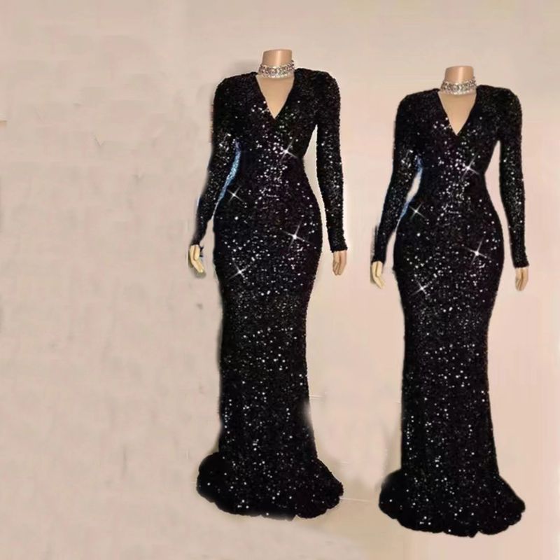 Damenbekleidung Abendkleid 2024 Neue Pailletten V-Ausschnitt Lange Ärmel Host Performance Bankett High End Sexy Schwanz eng_voghion.com