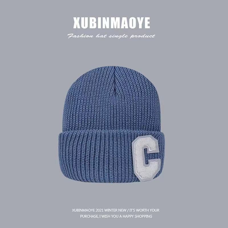 Herren- und Damenmützen, großer C-Buchstabe, Wollmütze, Damen-Herbst- und Winter-warme All-Match-Rosa-Strickmütze, einfarbig, kalte Mütze_voghion.com