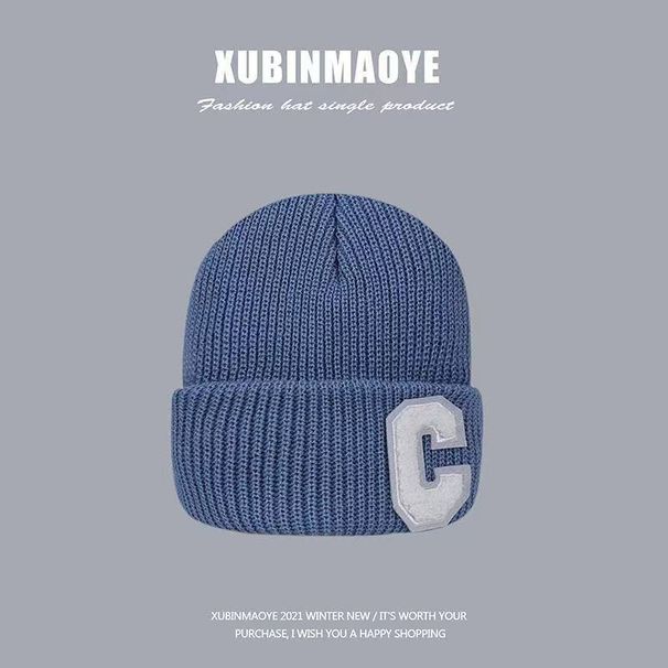 Herren- und Damenmützen, großer C-Buchstabe, Wollmütze, Damen-Herbst- und Winter-warme All-Match-Rosa-Strickmütze, einfarbig, kalte Mütze_voghion.com