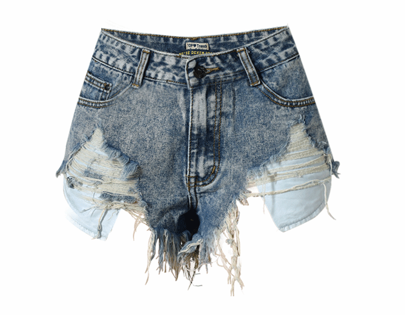 Female decoration height, waist worn out, irregular leaky pockets, tassels, snowflakes, nostalgic denim shorts_voghion.com