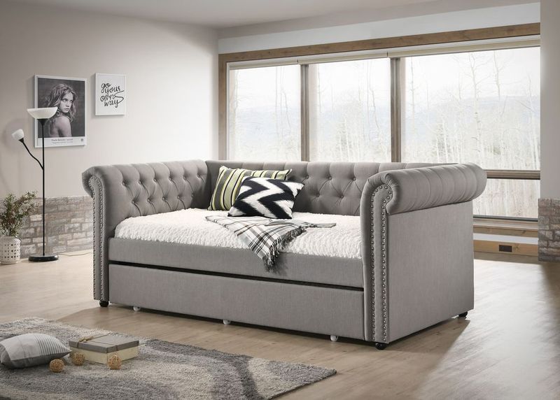 Luxurious 1pc Modern Aesthetic Beautifully Button Tufted Nailhead Trim Design Daybed Built-in Pull-out Trundle Bed Living Space Guest Room Bedroom D_voghion.com