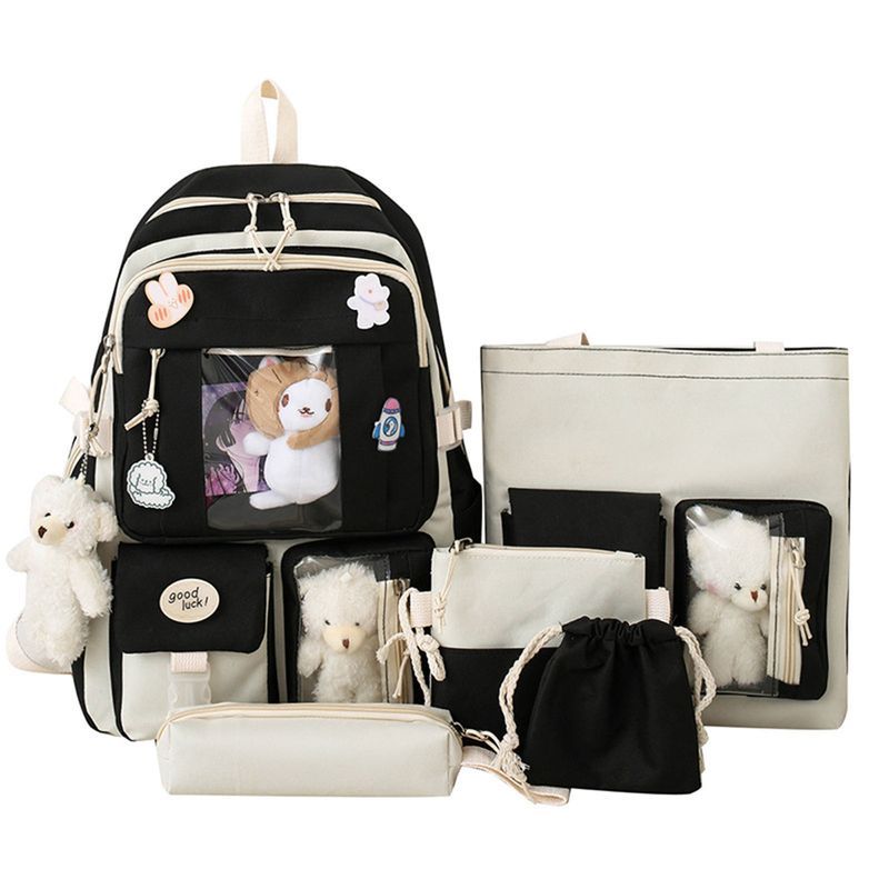 Lihao 5Pcs/Set Student Backpack Adjustable Straps Korean Style Canvas Bookbag Messenger Bag Pencil Case for School-Green_voghion.com