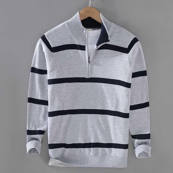Men's Clothing Half Zip Collar Sweater Men's Autumn And Winter Trend Retro College Style Striped Contrast Color High Collar Sweater_voghion.com