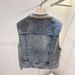 Renda Patchwork Denim Feminino Primavera Novo Estilo, Design Moderno, Colete Casual, Alça de Ombro_voghion.com