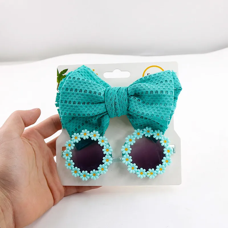 Sun Flower Sunglasses Bow Hairband Set Cute Baby Girls Hair Accessories Newborn Head Bands Summer Beach Photography Props 2Pcs_voghion.com