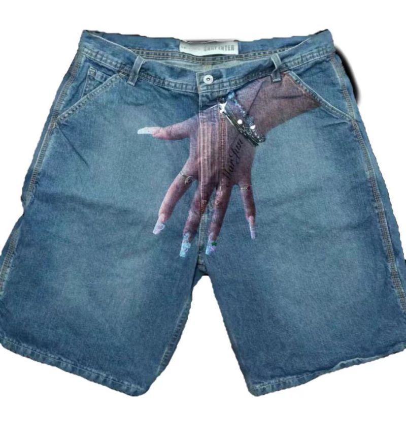 Y2K hip-hop pattern printed denim shorts, men's high street trendy couple casual capris_voghion.com