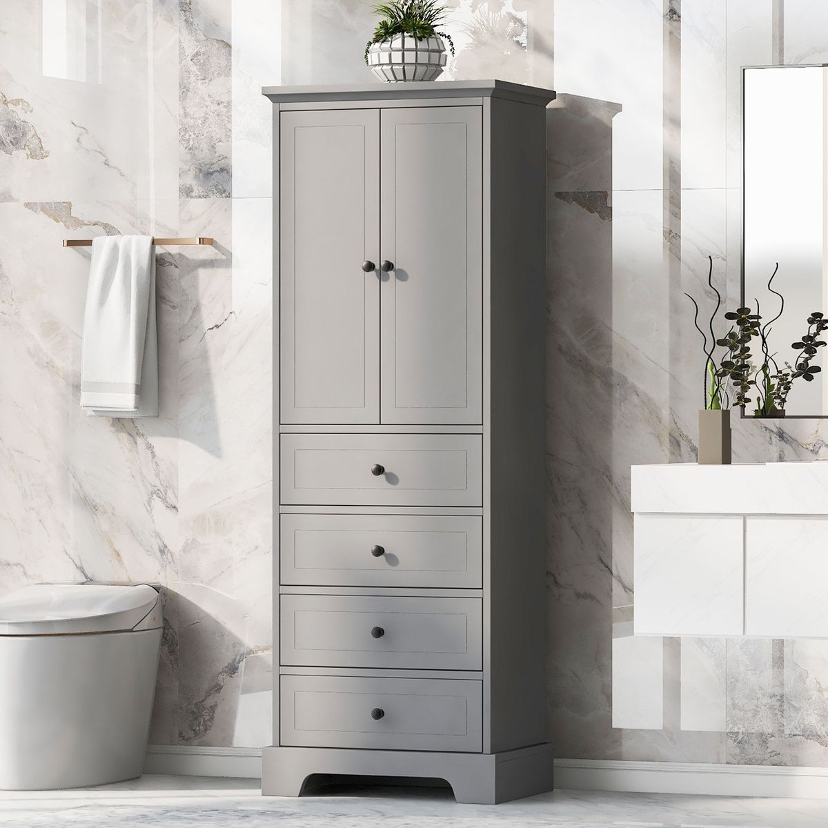 Storage Cabinet With 2 Doors And 4 Drawers For Bathroom, Office, Adjustable Shelf, MDF Board With Painted Finish_voghion.com