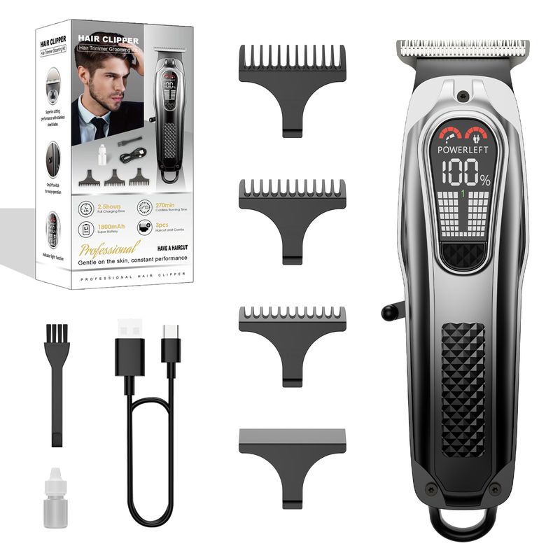 Kit tagliacapelli professionale con display LCD, ricaricabile tramite USB-C, rifinitore regolabile per la toelettatura di casa e animali domestici, lame in acciaio inossidabile_voghion.com