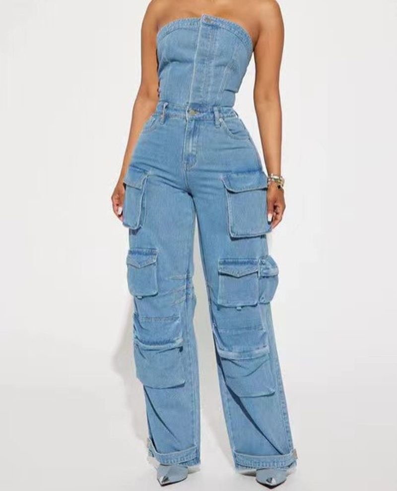 Ropa de mujer Nueva moda Estilo callejero Top de tubo Modelado de cintura Mono de mezclilla con múltiples bolsillos para chicas sexys_voghion.com