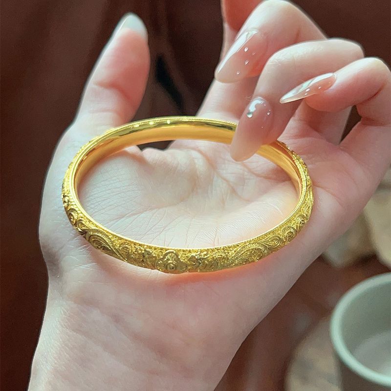 New Vietnamese Gold-Plated Ancient Method Inherited Plain Ring Curled Grass Pattern Solid Bracelet Palace Style High-End_voghion.com