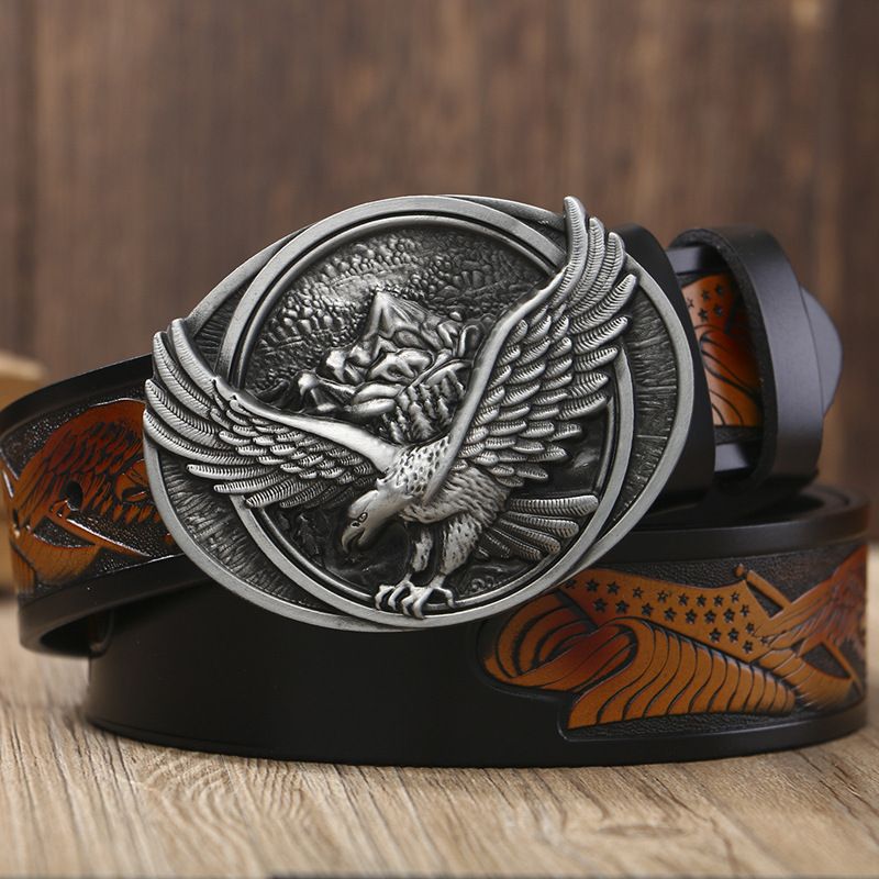 Neues modisches Rindsleder für Herren, Freizeit-Adler-Schnalle, Skulptur, Handwerk, personalisierter Gürtel_voghion.com