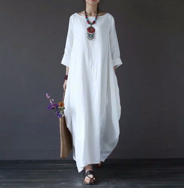 2023 Spring New Loose Cotton Hemp Long Dress_voghion.com