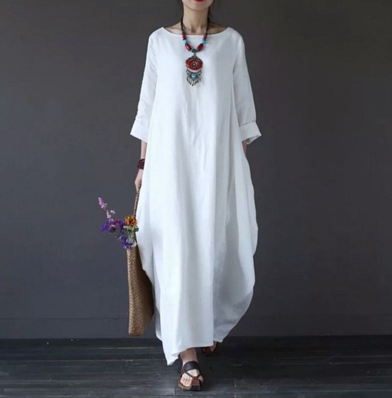2023 Spring New Loose  Cotton Hemp Long Dress_voghion.com
