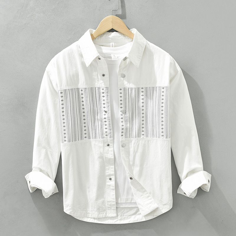 6718 Japanese style patchwork long sleeved shirt for men's trendy and versatile loose casual top for men's one-piece hair replacement_voghion.com
