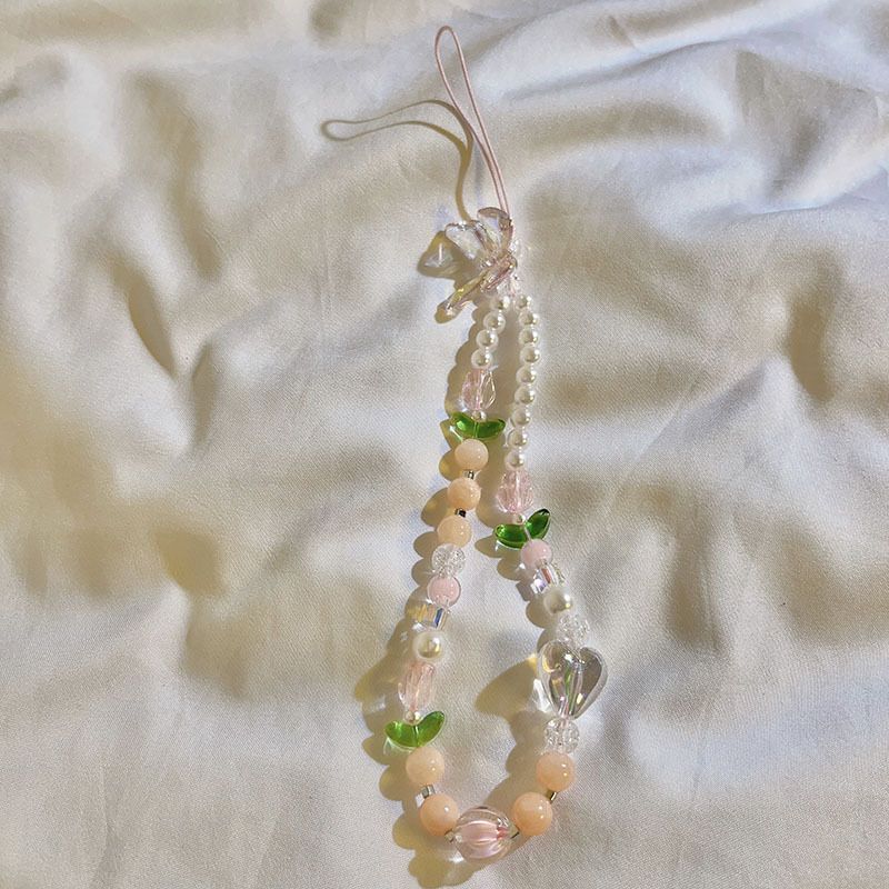 Peach Beaded Mobile Phone Charm Strap Chain Lanyard Women Girl Jewelry Pearl Cellphone Holder Beads Pendant Decoration Key Strap_voghion.com