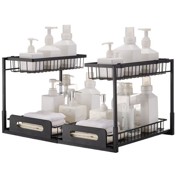 2-Tier Wire Pull Out Cabinet Under Sink Organizer 10.7"x14.2" Drawer Basket 2PCS_voghion.com