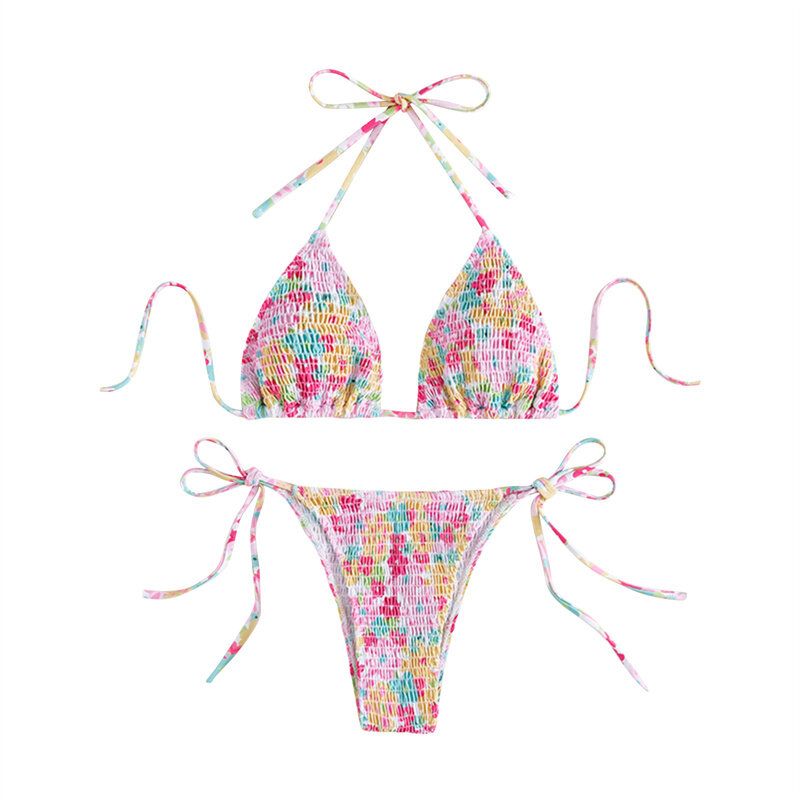 Happybuyner 2 pièces femmes maillot de bain Bikini sans manches col suspendu soutien-gorge fleuri hauts de bain maillots de bain ensemble short et haut_voghion.com