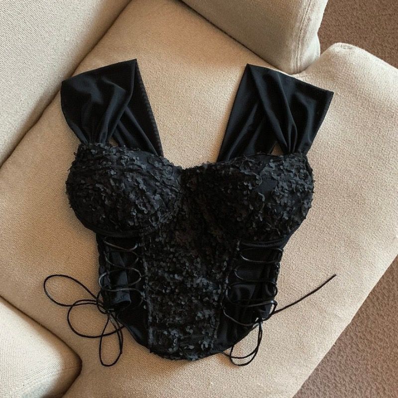 Ropa de mujer: Top de tubo de encaje rosa con tirantes y chaleco sexy ajustado, top de espiga dulce y picante._voghion.com