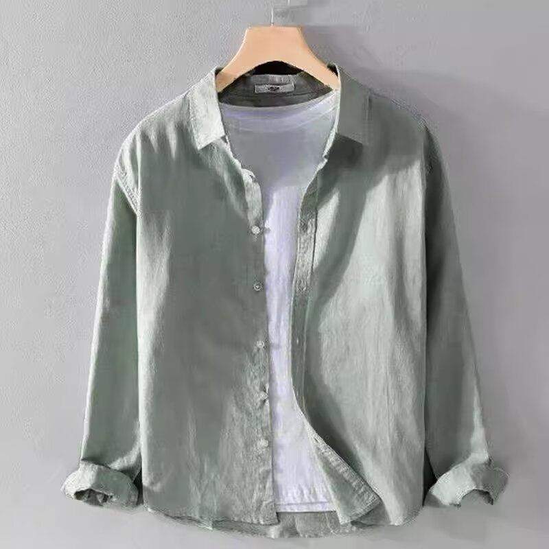 Chemise à manches longues en lin à col carré pour homme, ample et polyvalente, style décontracté, couleur unie_voghion.com